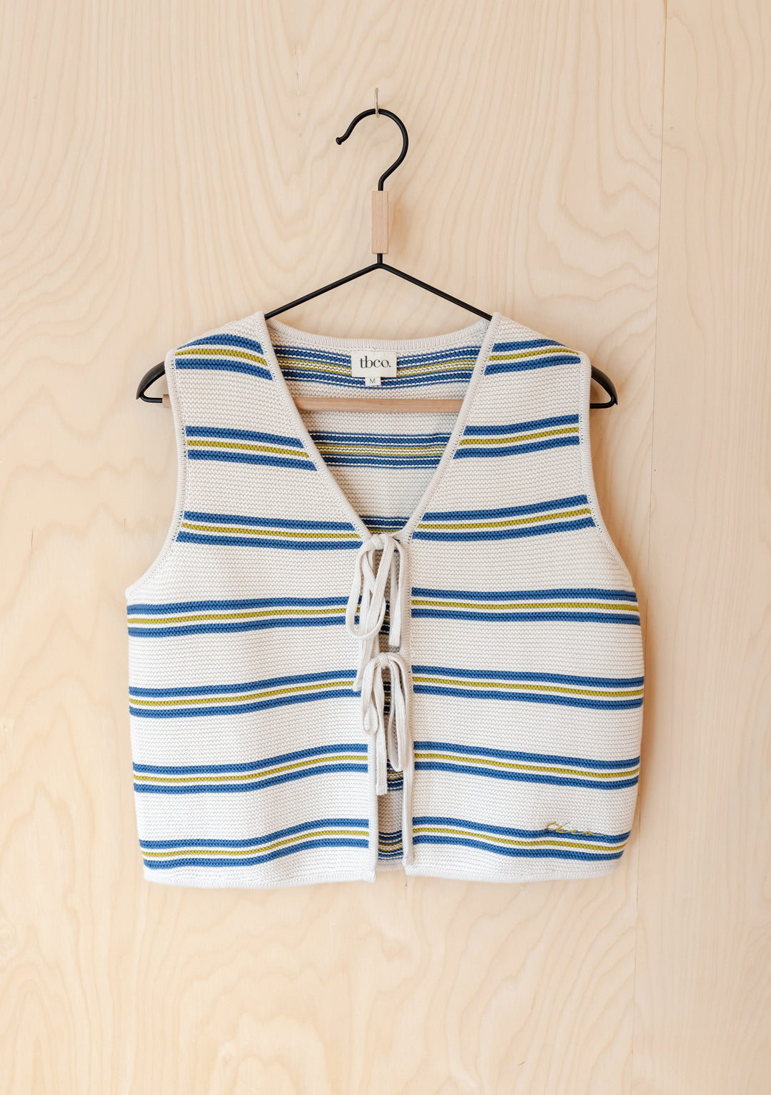 TBCo Cotton Knitted Vest in cream with blue and green stripes, featuring tie-front closure and relaxed summer fit