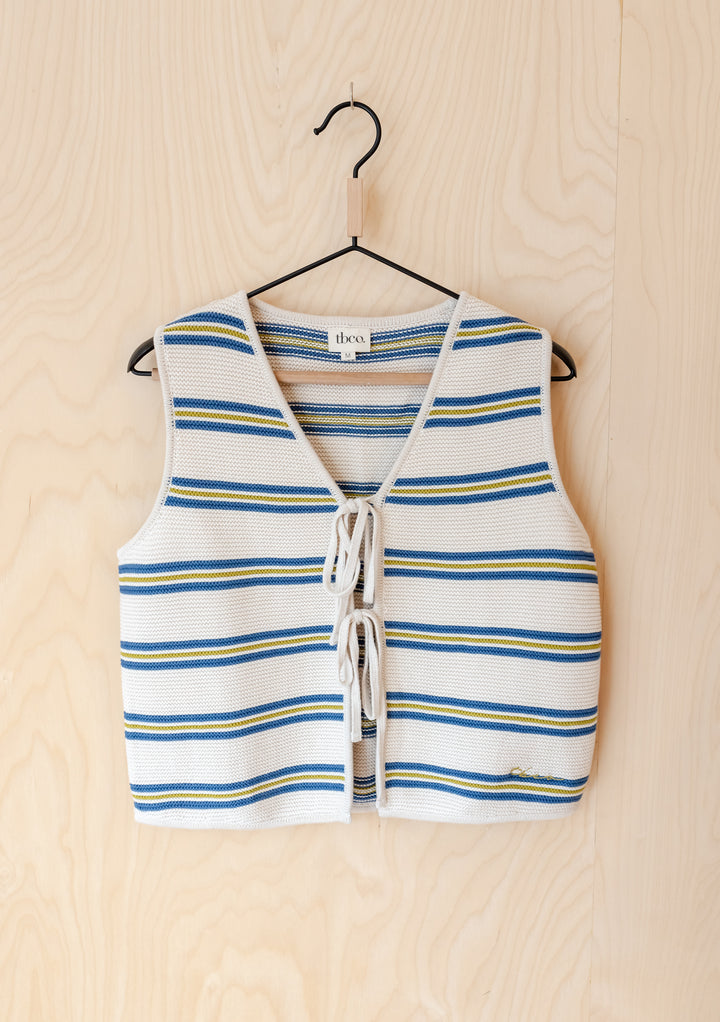 TBCo Cotton Knitted Vest in cream with blue and green stripes, featuring tie-front closure and relaxed summer fit