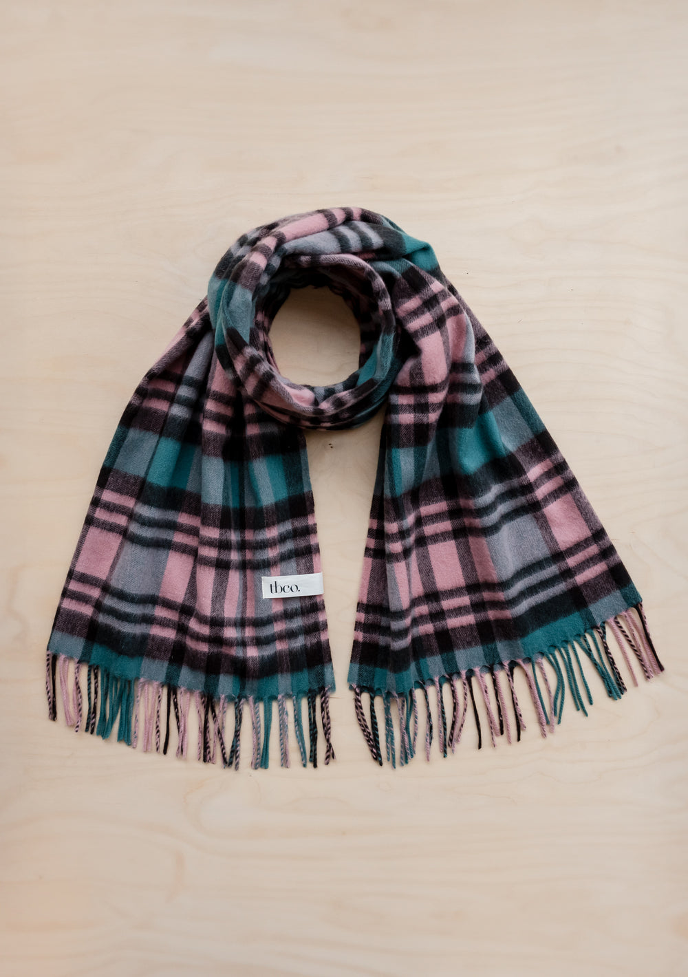 TBCo Lambswool Blanket Scarf in Green Tartan Check with pink and pine green plaid pattern, fringed edges and wool weave