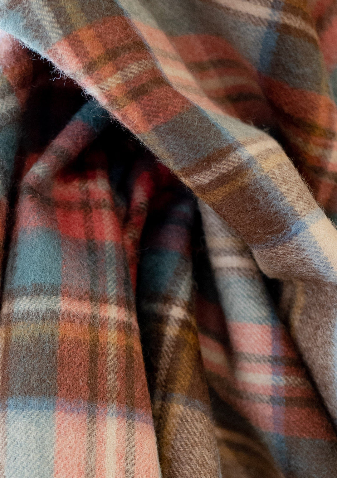 TBCo Stewart Dress Antique Tartan lambswool scarf texture detail showing soft woven plaid pattern in camel, brown and red hues