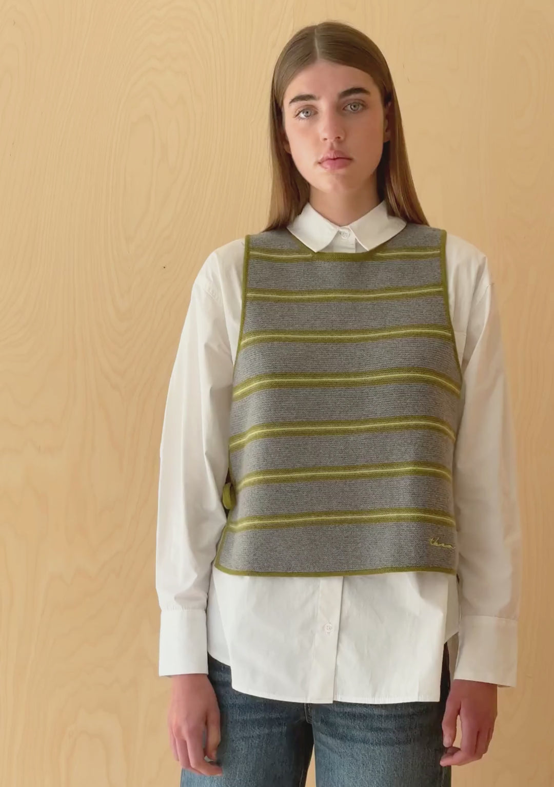 Gilet cravate en laine mérinos à rayures vertes