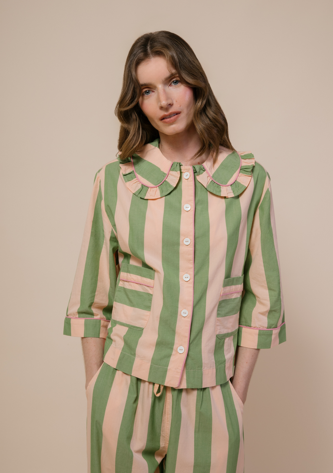 Cropped Cotton Pyjamas in Green Stripe