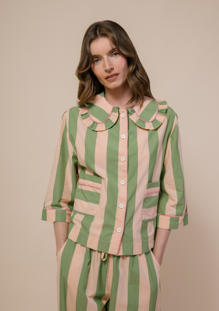 Cropped Cotton Pyjamas in Green Stripe