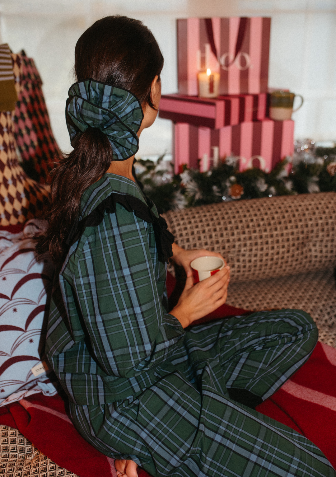 Baumwollpyjama mit grünem Schottenkaro 