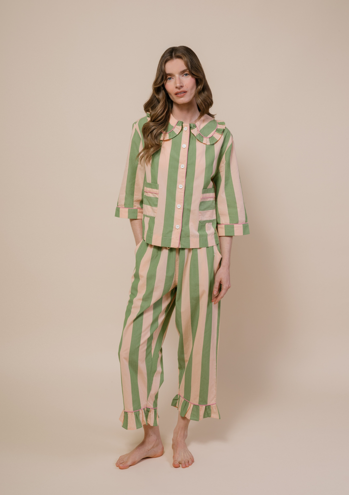 Cropped Cotton Pyjamas in Green Stripe