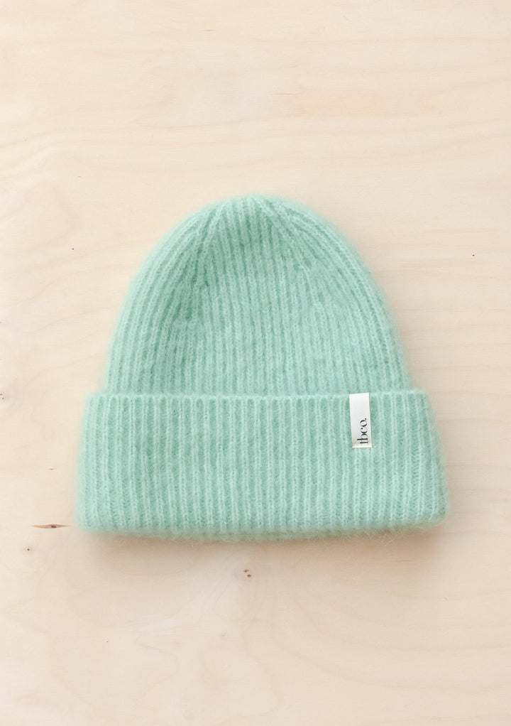 TBCo Mohair & Wool Beanie in mint colour, ribbed knit texture with folded brim, featuring luxurious merino wool blend