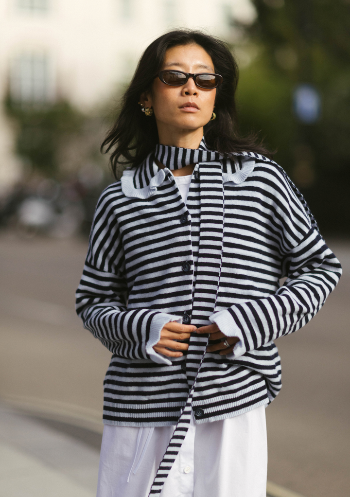 TBCo x Liu Merino Ruffle Cardigan in Blue Stripe