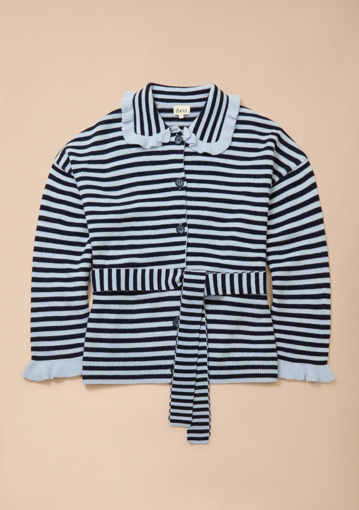 TBCo x Liu Merino Ruffle Cardigan in Blue Stripe