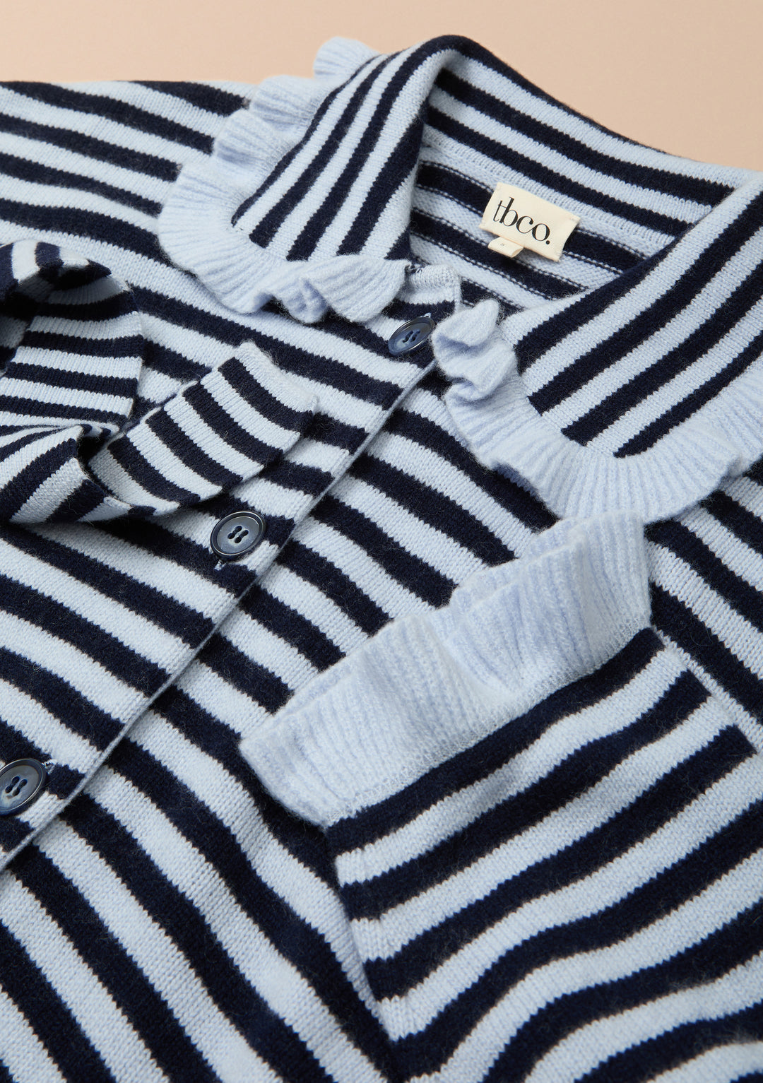 TBCo x Liu Merino Ruffle Cardigan in Blue Stripe