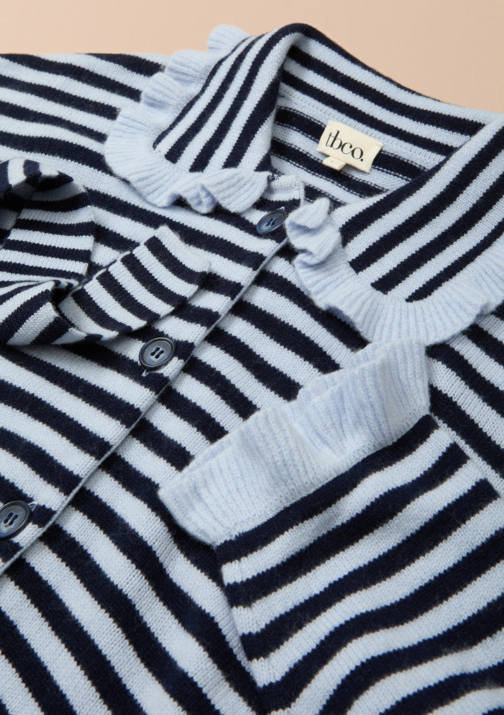 TBCo x Liu Merino Ruffle Cardigan in Blue Stripe