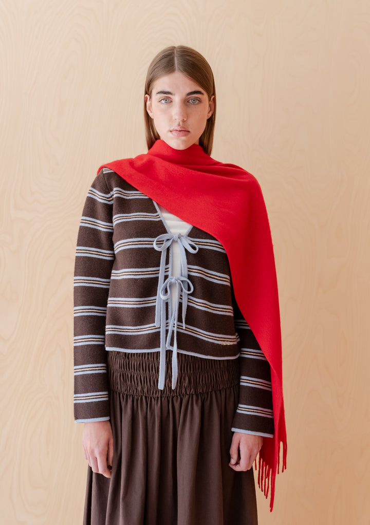 Cardigan à nouer en laine mérinos à rayures marron