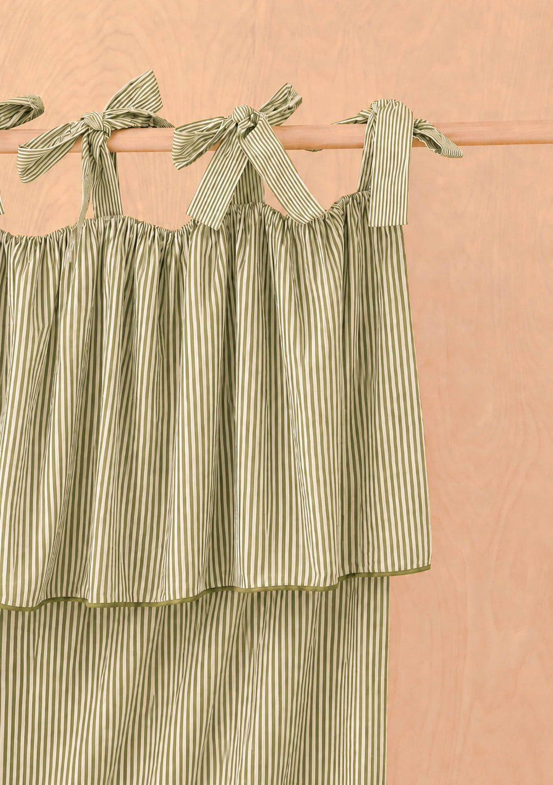 Pair of Cotton Tie-Top Curtains in Green Micro Stripe