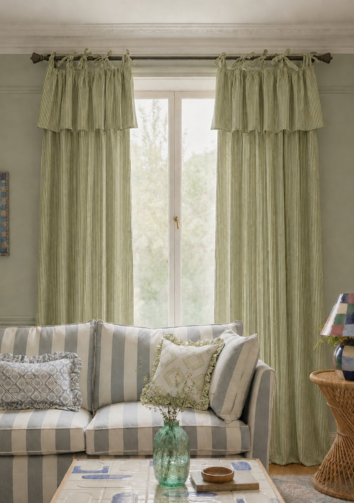 Pair of Cotton Tie-Top Curtains in Green Micro Stripe