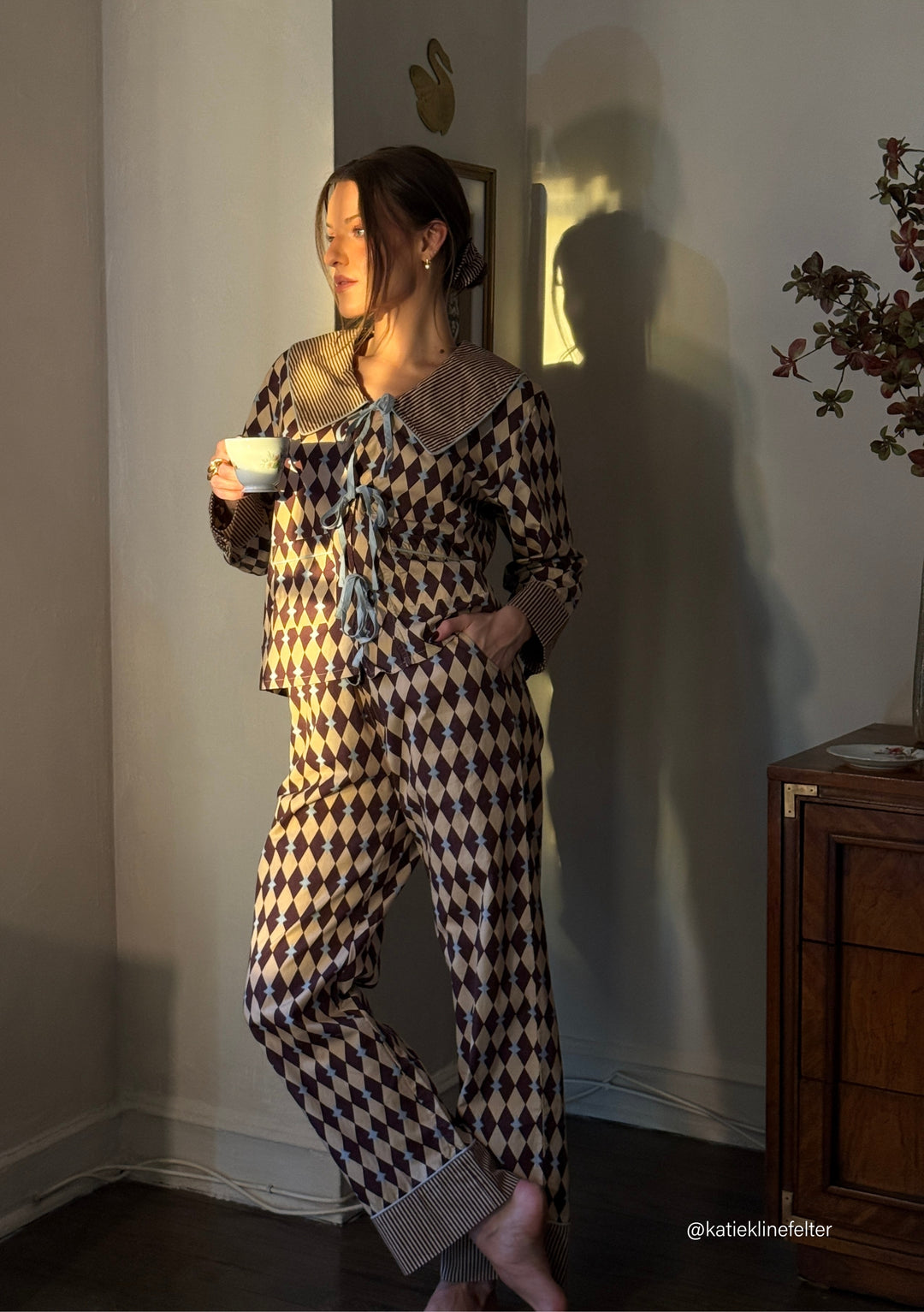 Cotton Pyjamas in Camel Harlequin