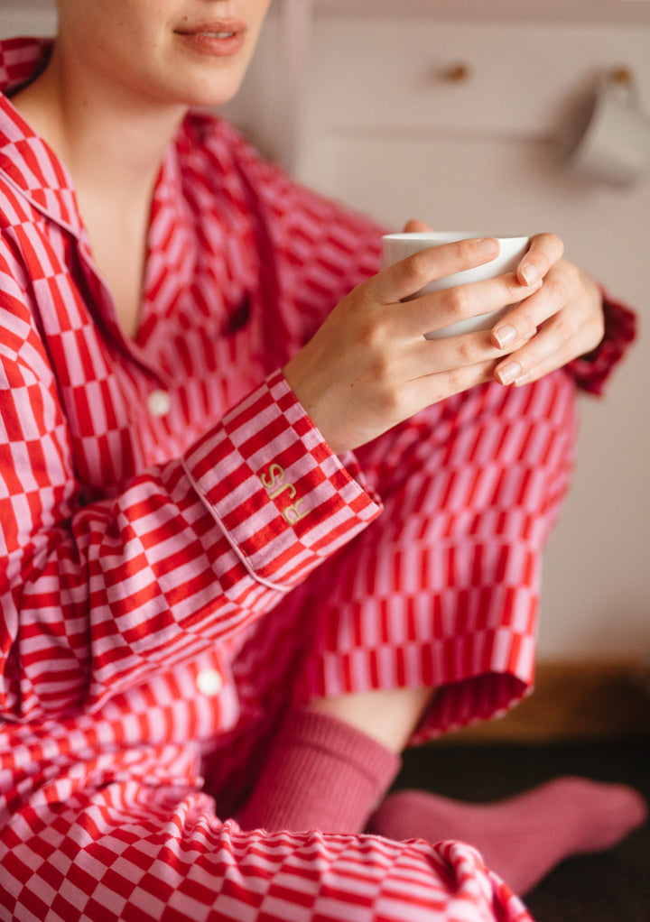 Baumwollpyjama mit blauem Hahnentrittmuster