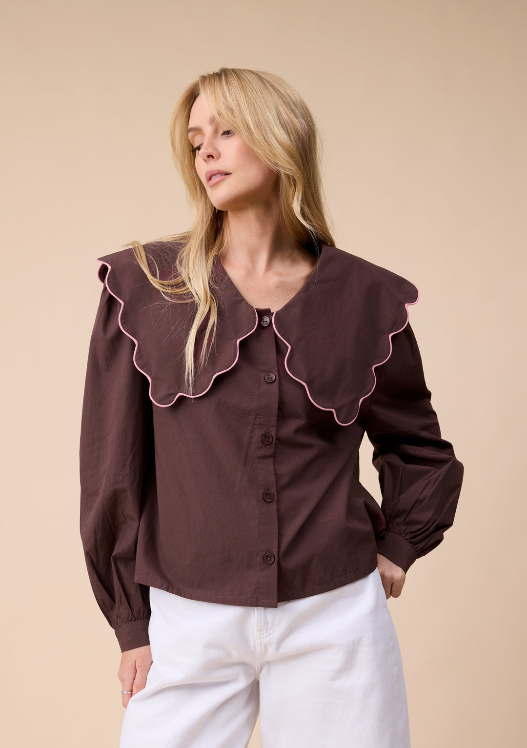 Cotton Shirt in Brown Scallop