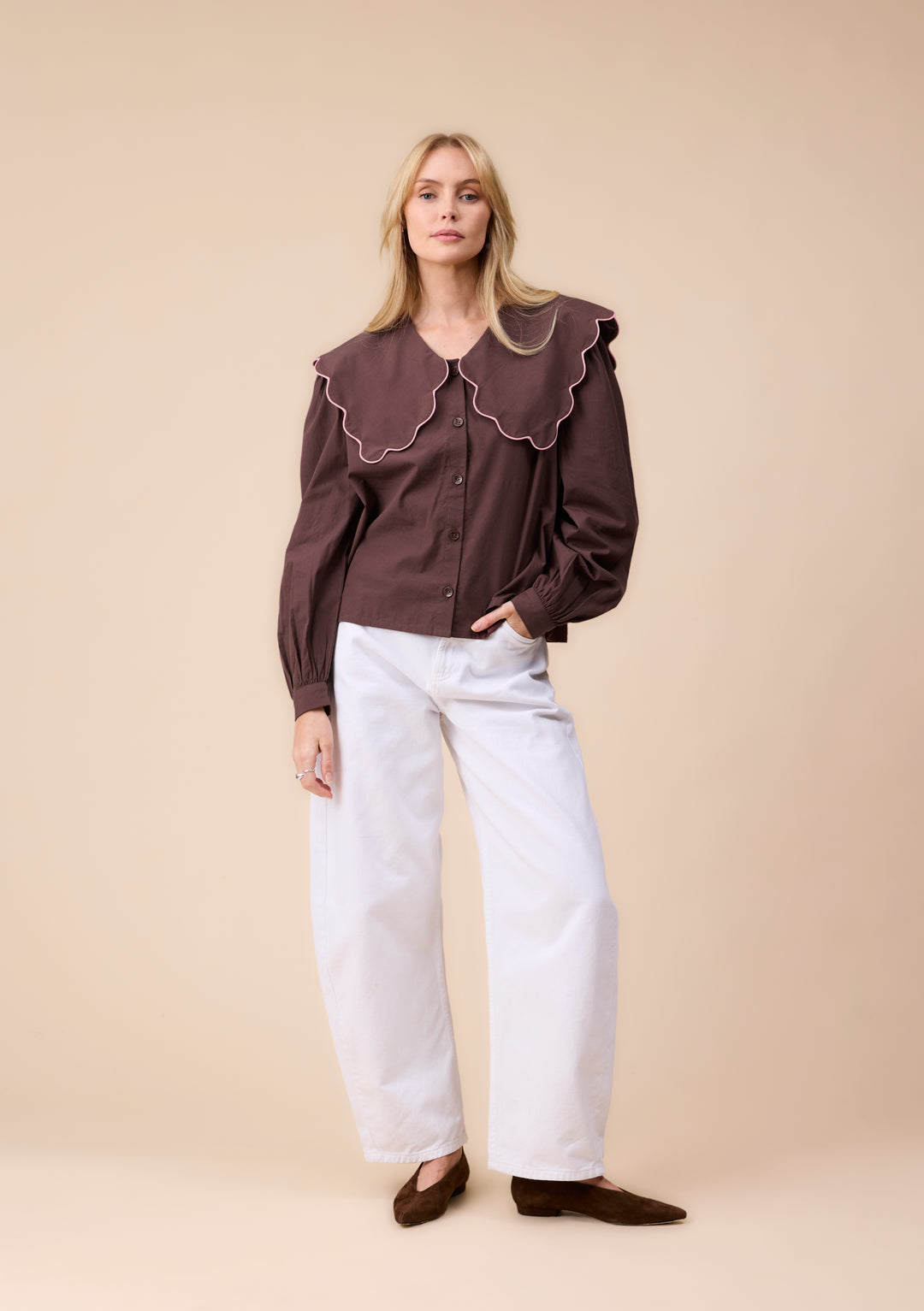 Cotton Shirt in Brown Scallop