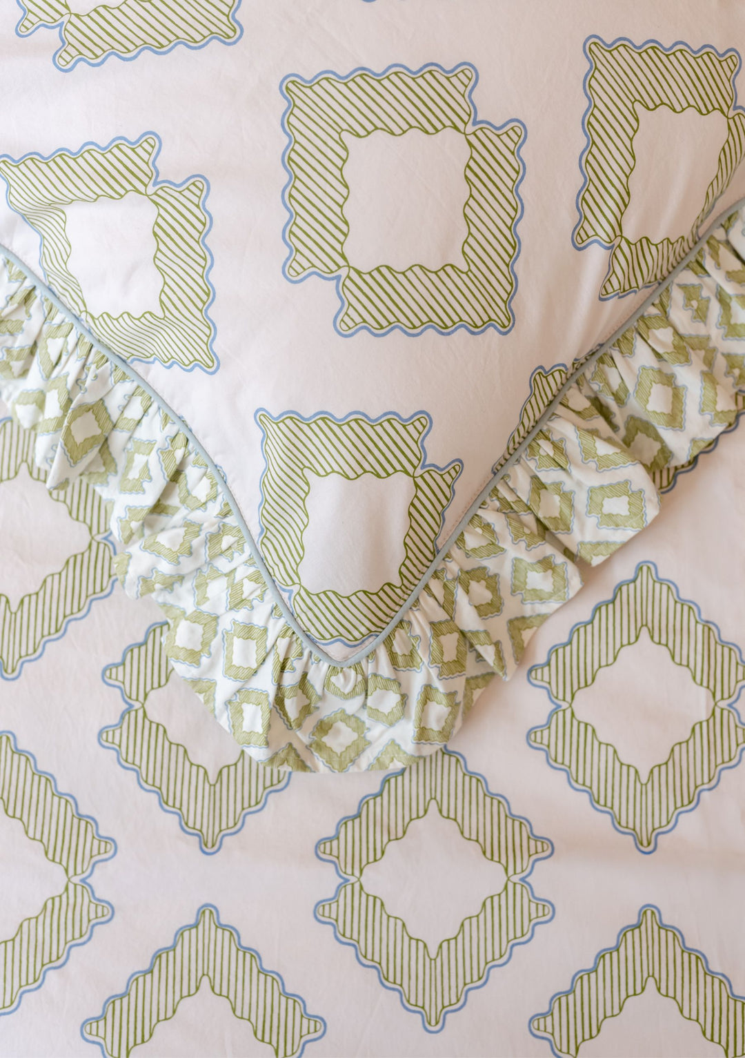 Parure de lit en coton (housse de couette et taies d'oreiller) à motif losanges verts