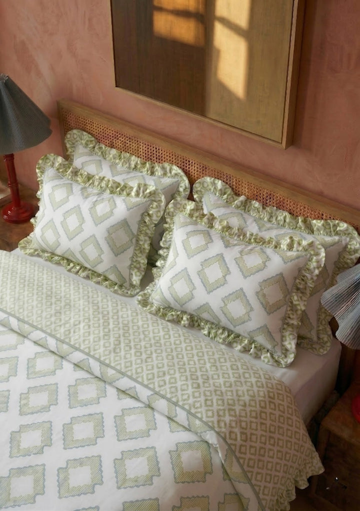 Parure de lit en coton (housse de couette et taies d'oreiller) à motif losanges verts