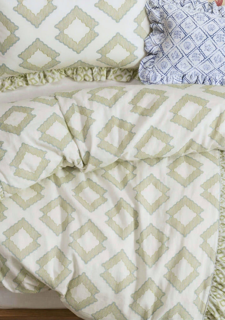 Parure de lit en coton (housse de couette et taies d'oreiller) à motif losanges verts