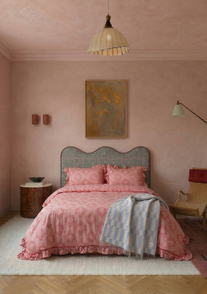 Parure de lit en coton (housse de couette et taies d'oreiller) à motif diamant rose