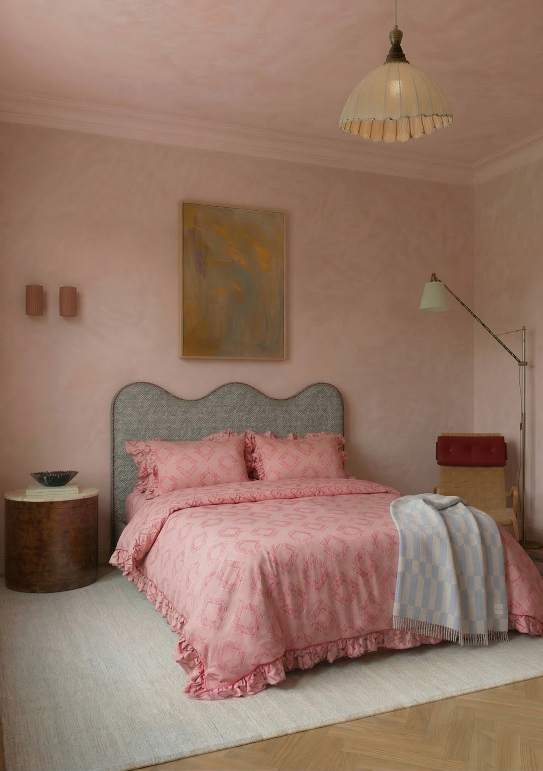 Parure de lit en coton (housse de couette et taies d'oreiller) à motif diamant rose