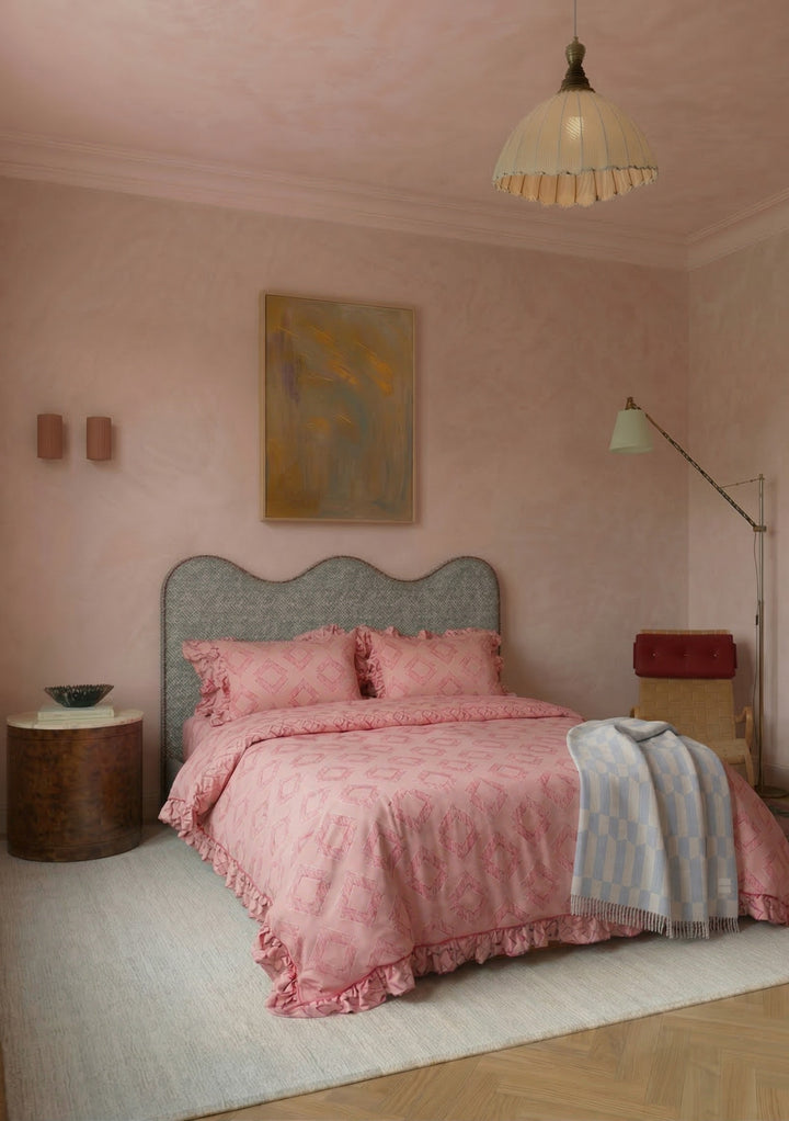 Parure de lit en coton (housse de couette et taies d'oreiller) à motif diamant rose