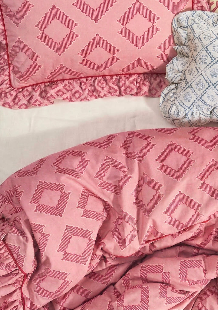 Parure de lit en coton (housse de couette et taies d'oreiller) à motif diamant rose