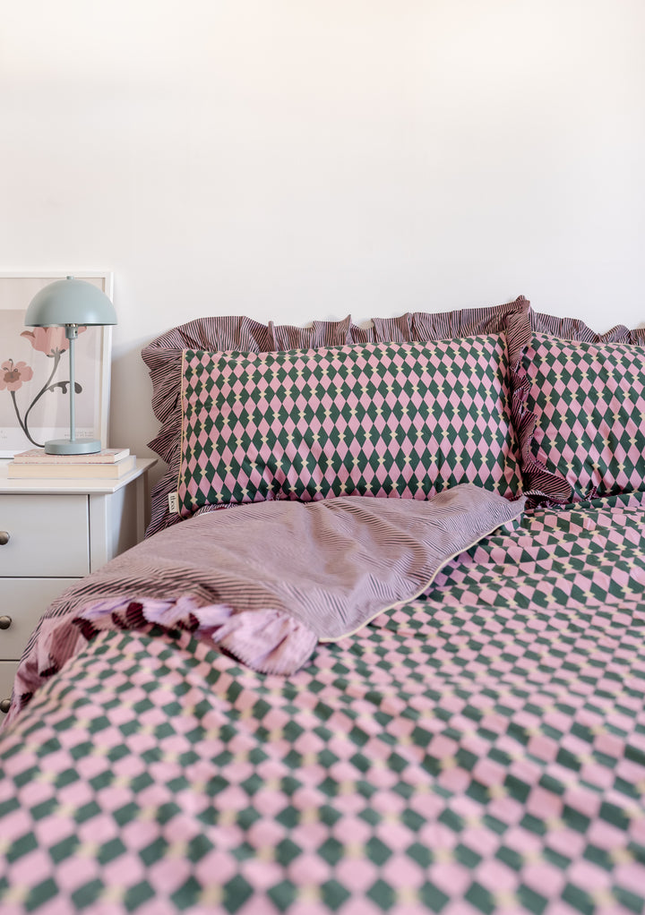 Cotton Duvet Cover in Pink Harlequin