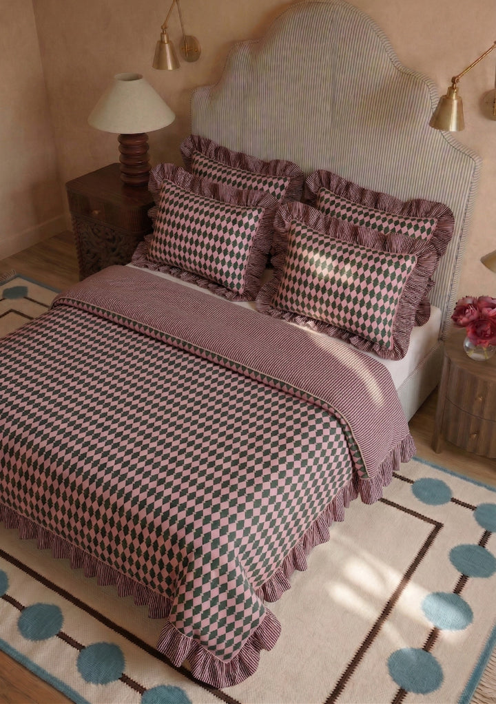 Housse de couette et taies d'oreiller en coton à motif arlequin rose