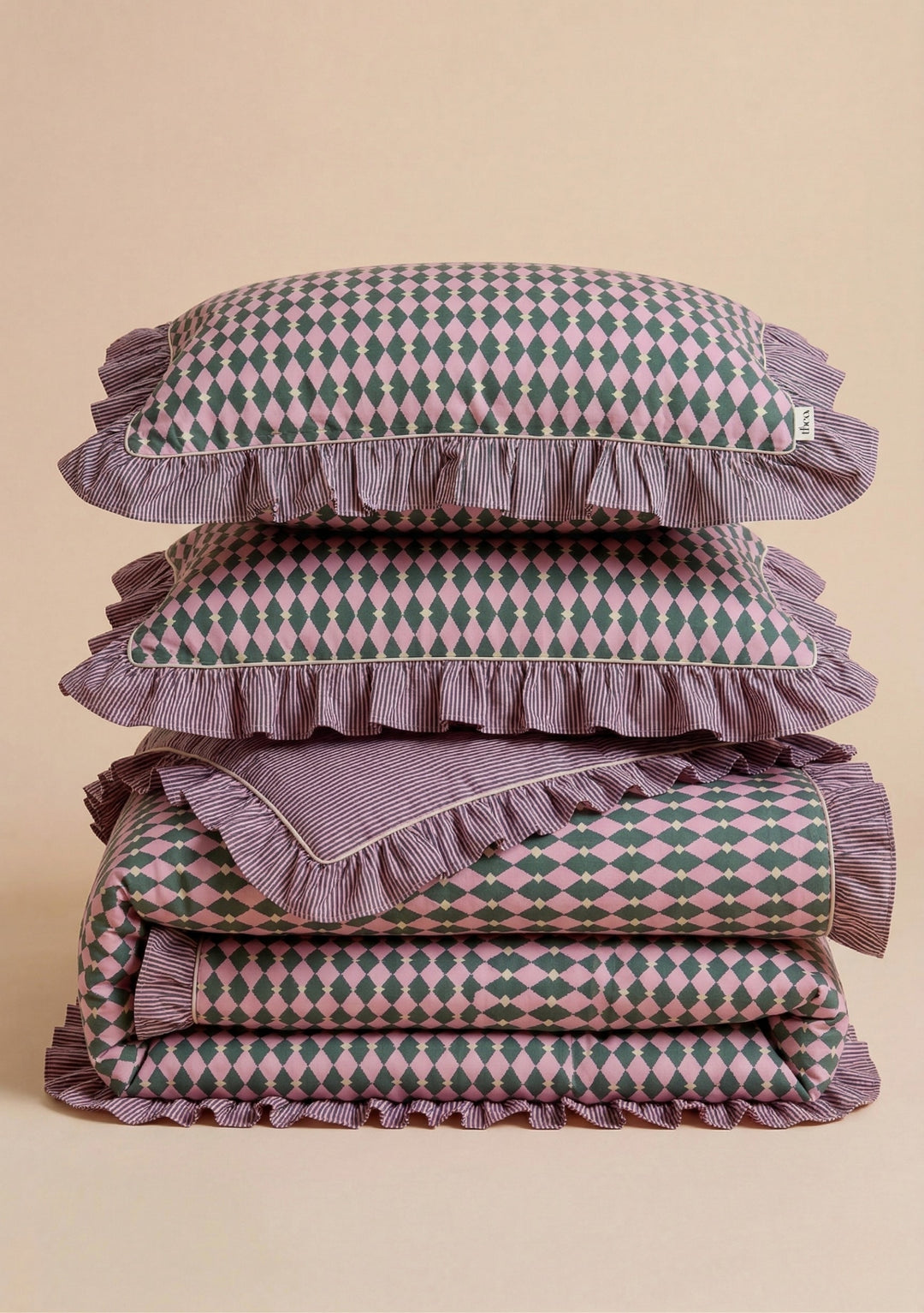 Housse de couette et taies d'oreiller en coton à motif arlequin rose