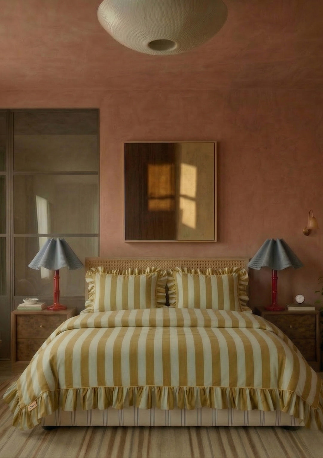 Parure de lit en coton à rayures menthe (housse de couette et taies d'oreiller).