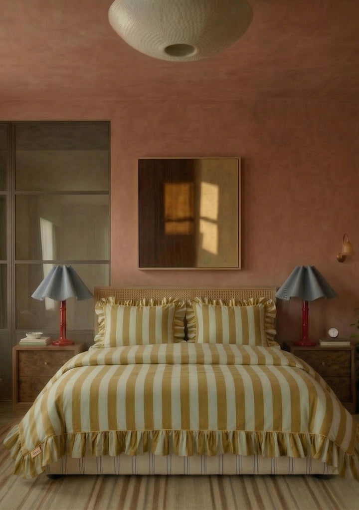 Parure de lit en coton à rayures menthe (housse de couette et taies d'oreiller).