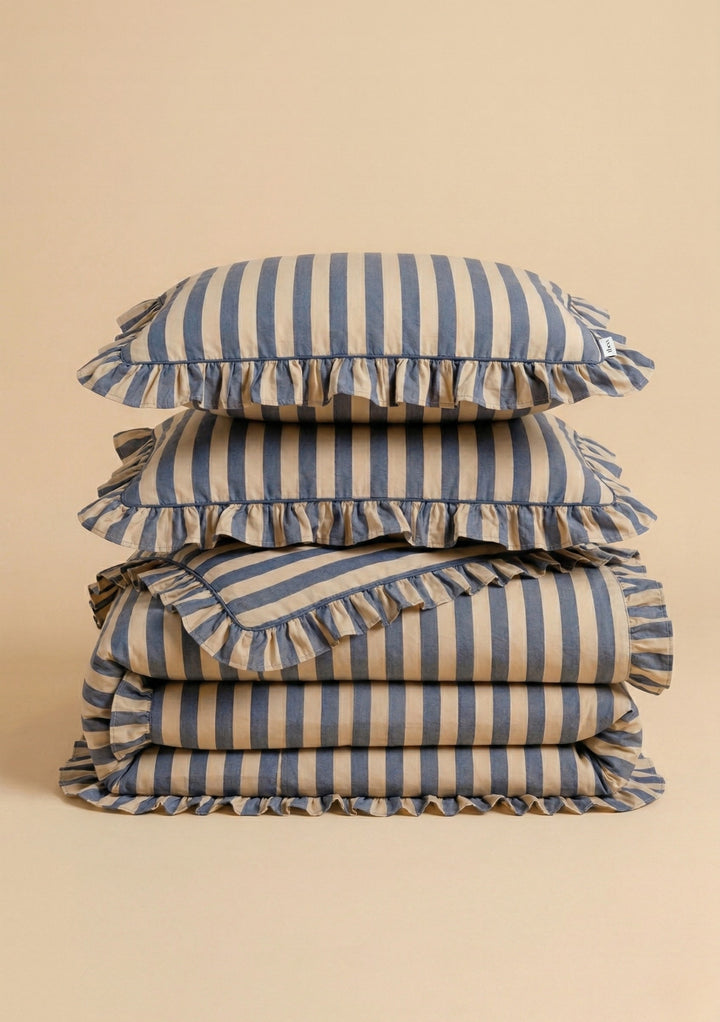 Cotton Duvet Cover & Pillowcases Set in Navy Stripe