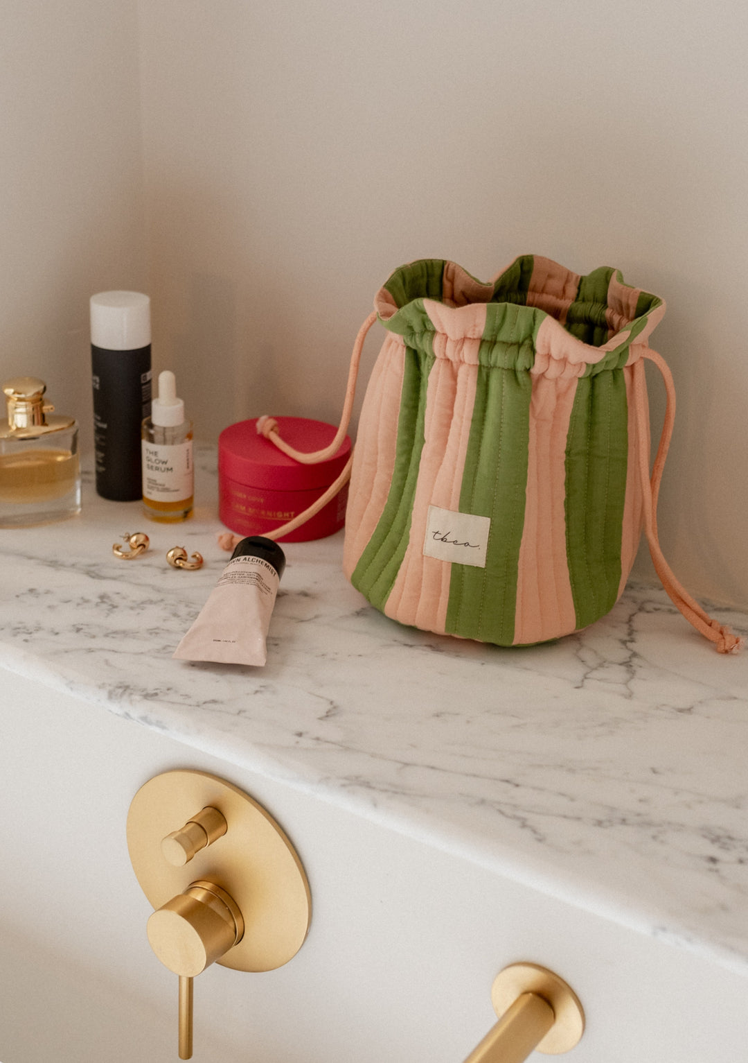 Trousse de toilette en coton à rayures vertes