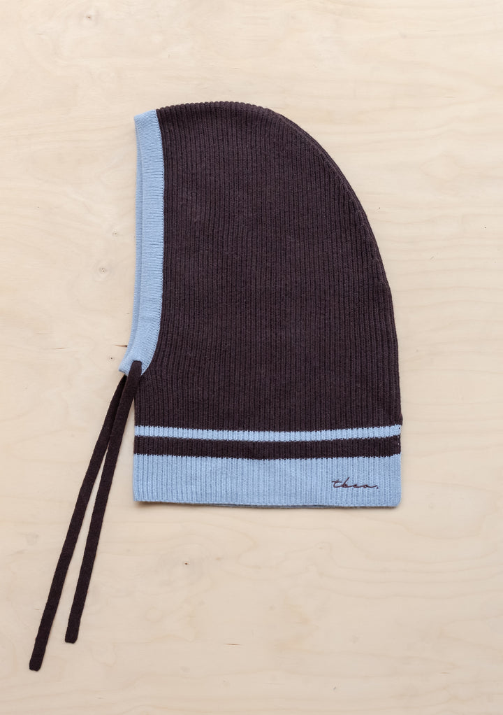 TBCo Merino Hood in Brown and Blue with ice blue trim, knitted from pure merino wool featuring adjustable ties