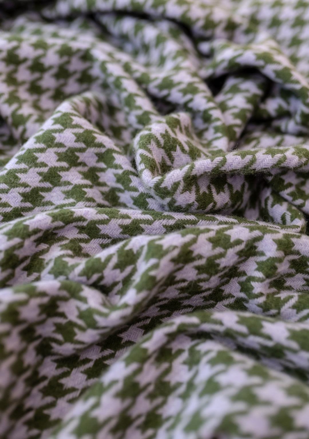 TBCo Lambswool Blanket in Olive Houndstooth pattern featuring soft lilac and garden green woven textile with classic fringe detail
