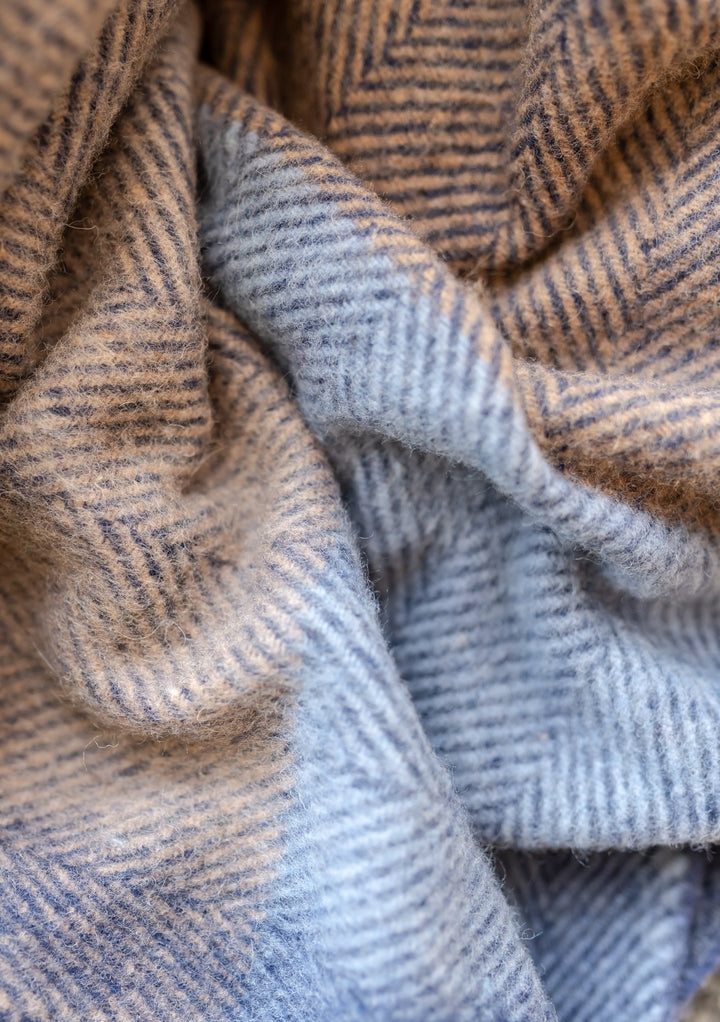 TBCo Recycled Wool Blanket in Blue Herringbone Block Check showing detailed textured weave pattern in blue and brown tones