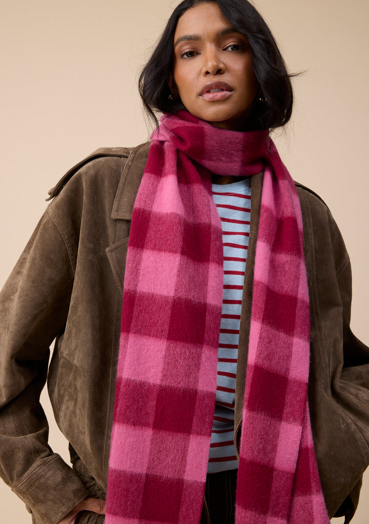 Lambswool Skinny Scarf in Pink & Burgundy Gingham