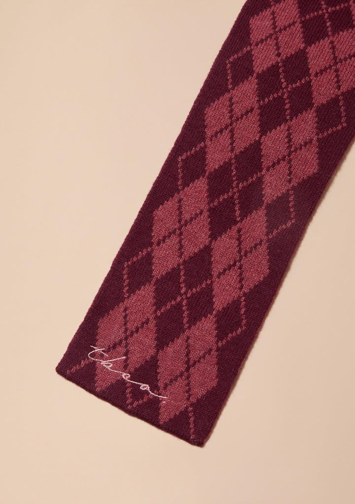 Merino Wool Skinny Scarf in Berry Argyle
