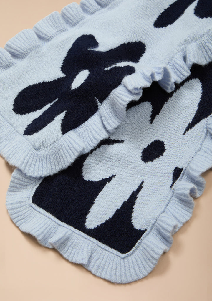 Écharpe à volants en laine mérinos TBCo x Liu, motif floral bleu