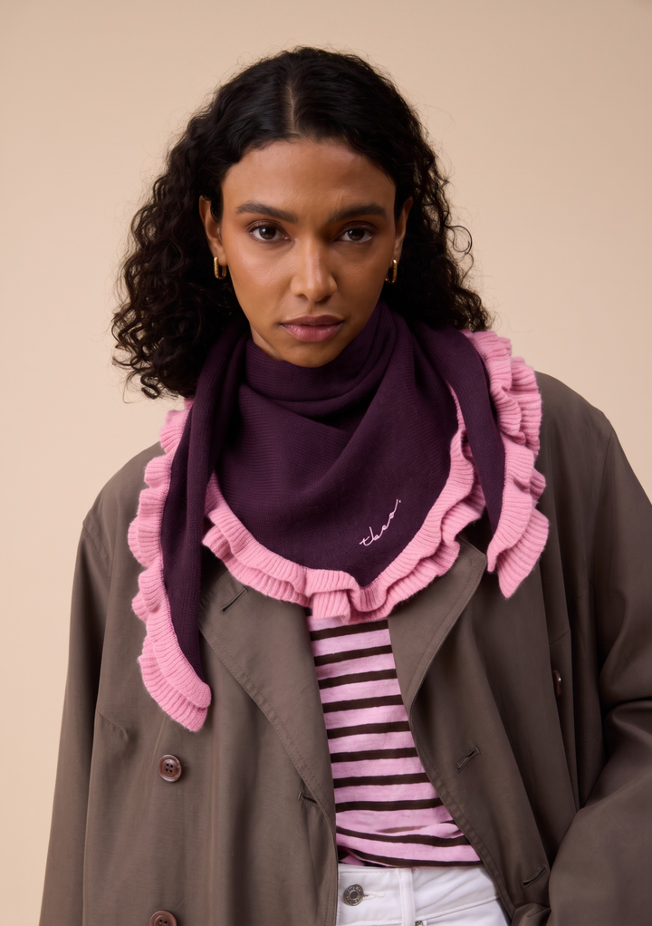 Merino Wool Triangle Scarf in Fig Double Ruffle