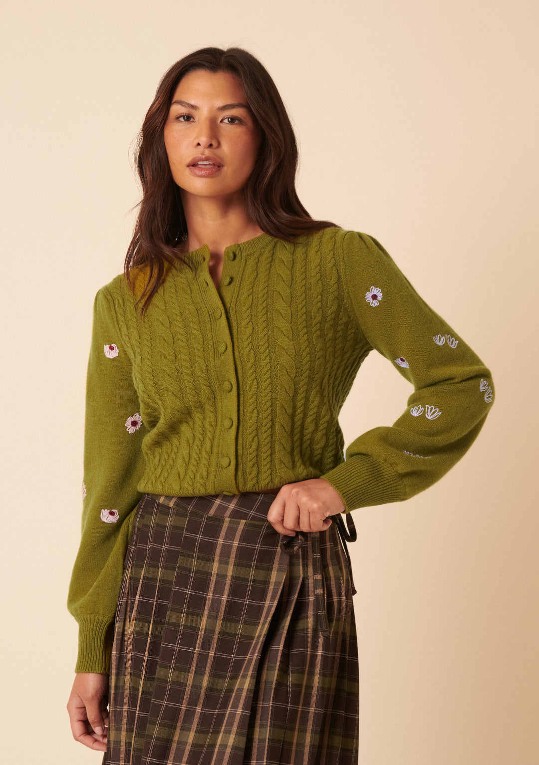 Nobody's Child x TBCo Green Floral Cable Wool Cardigan