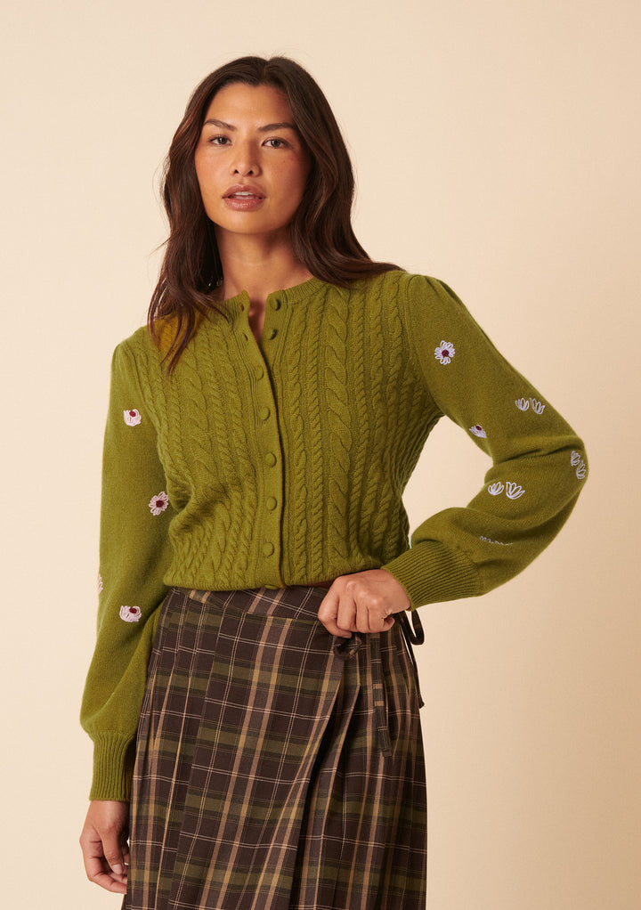 Nobody's Child x TBCo Green Floral Cable Wool Cardigan