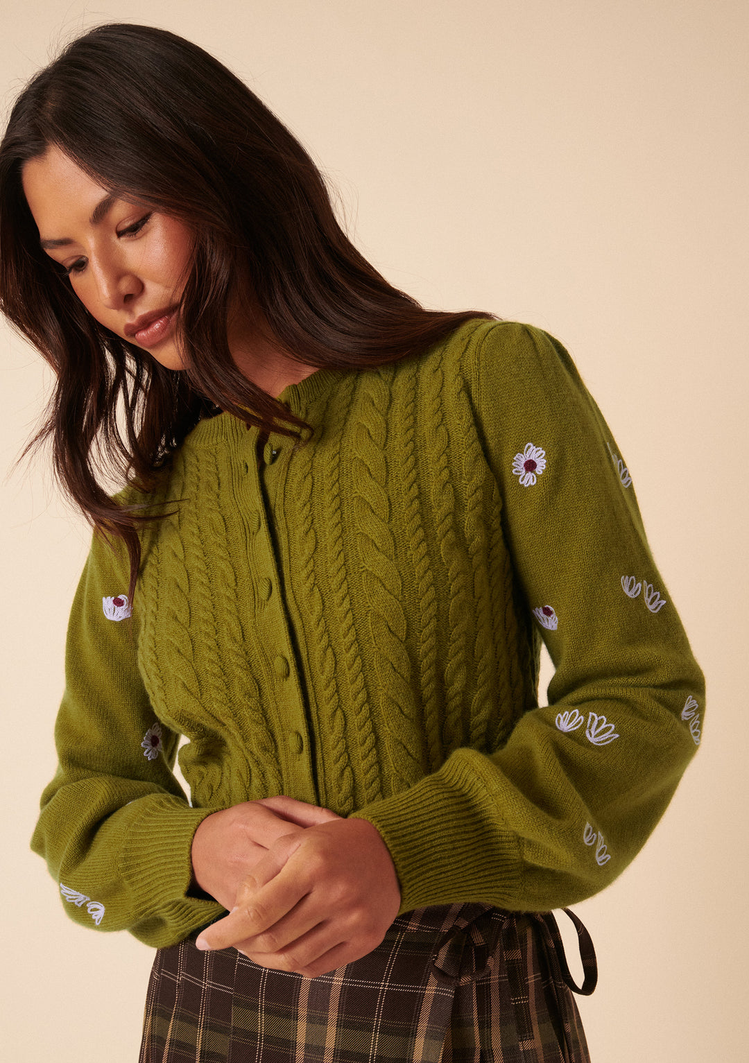 Nobody's Child x TBCo Green Floral Cable Wool Cardigan