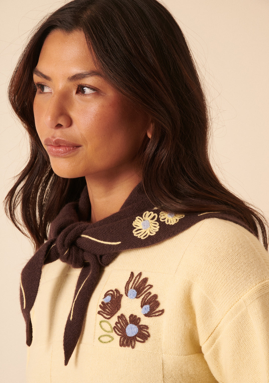 NC x TBCo Latte Floral Wool Triangle Scarf