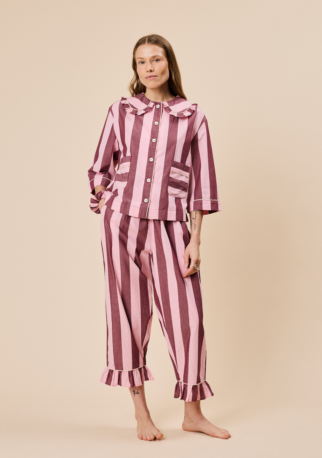 Tbco Pyjamas TBCo Cropped Cotton Women's Pyjamas in Pink & Burgundy Stripe