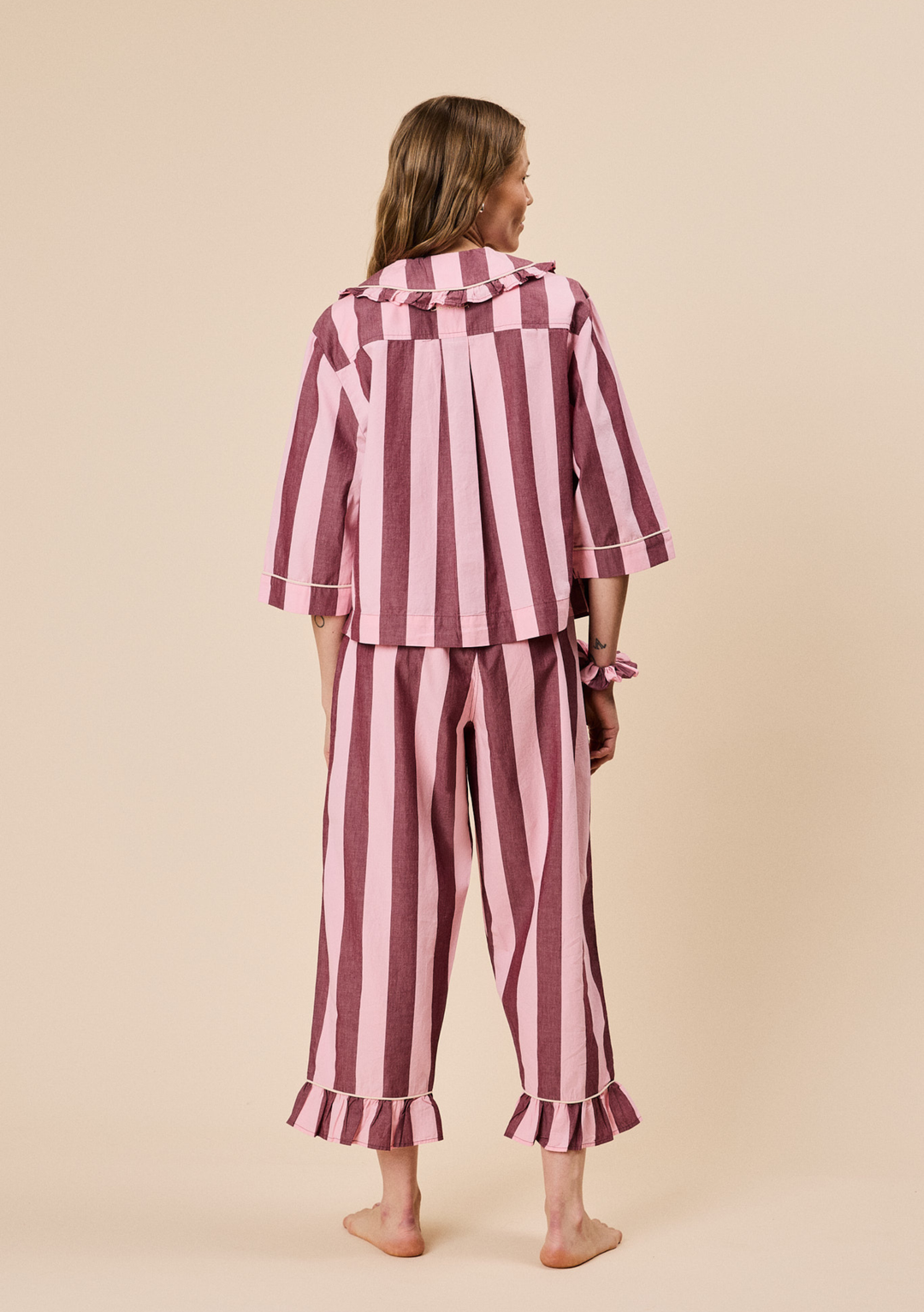 Tbco Pyjamas TBCo Cropped Cotton Women's Pyjamas in Pink & Burgundy Stripe