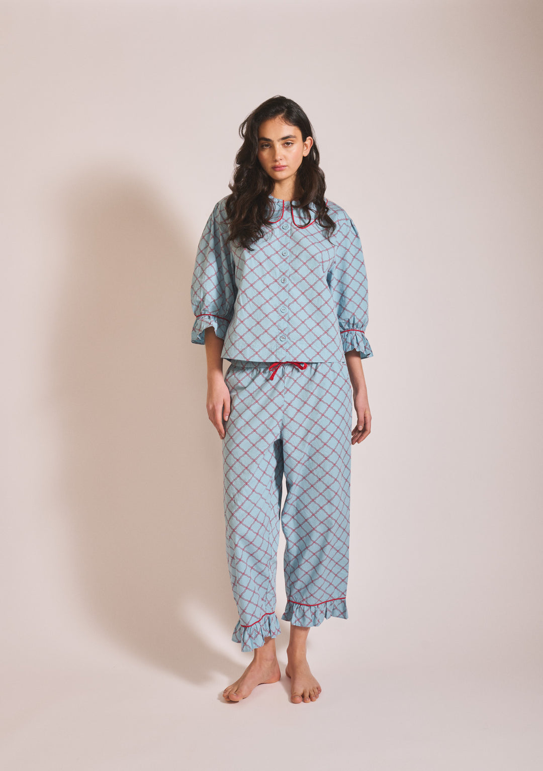 Front portrait of model wearing TBCo Cropped Cotton Pyjamas in Blue Lattice in gallery position 1, portrait 1442x2048.