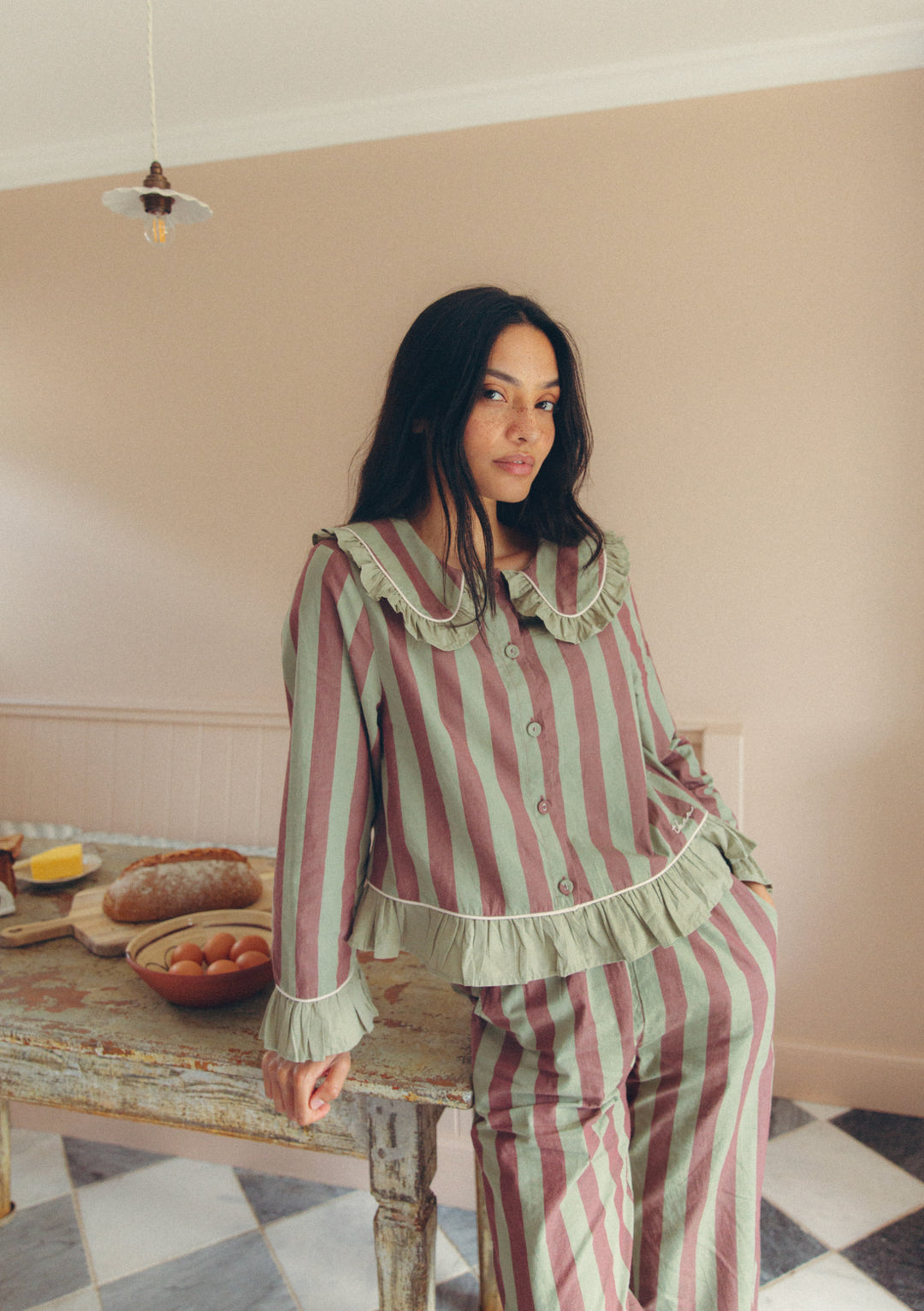 Cotton Pyjamas in Sage & Brown Stripe